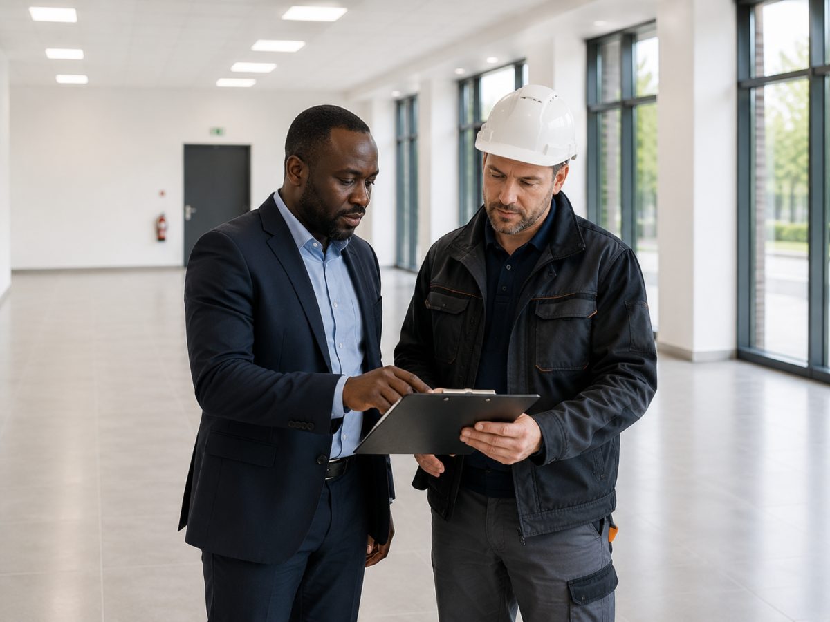 Contrôle de réception : le conducteur de travaux et le responsable d’intervention passent en revue les points relevés, dans un hall livré